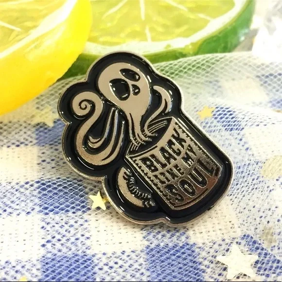 Goth Ghost Horror Coffee Mug Cup “Black Like My Soul” Metal Enamel Pin Brooch - Picture 6 of 11